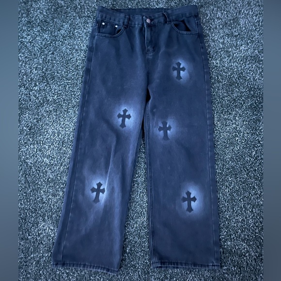 Grey Y2k Cross Design Jeans - Picture 2 of 4